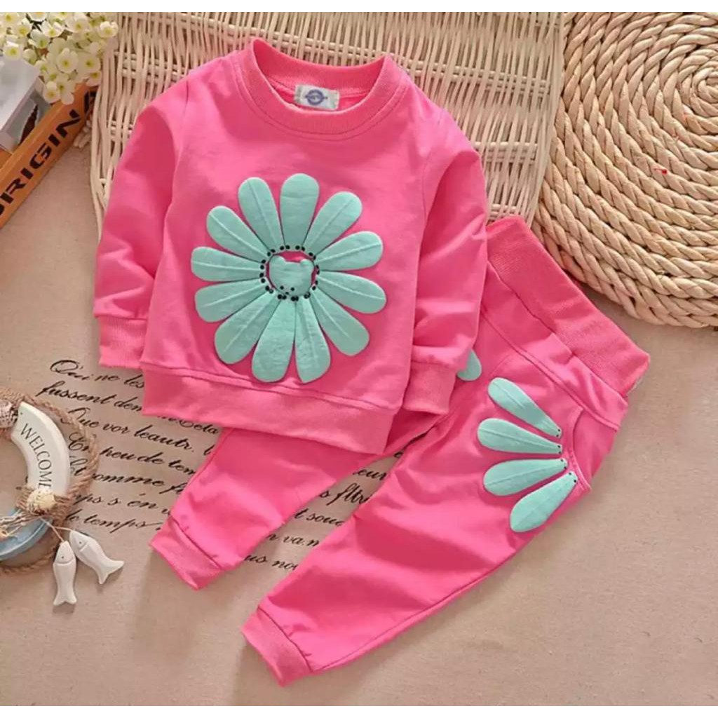 SETELAN SWEATER ANAK PEREMPUAN MOTIF SUN FLOWER 1-5 TAHUN TERBARU