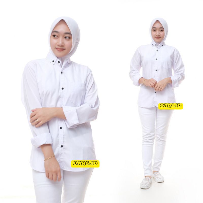 Pakaian wanita kemeja polos lengan panjang tosca putih softblue M L XL