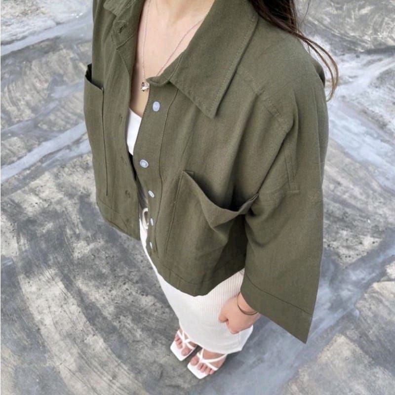 Kemeja Crop Linen Pocket - Oversized Shirt Linen - Outer Crop Linen - Atasan Wanita 991