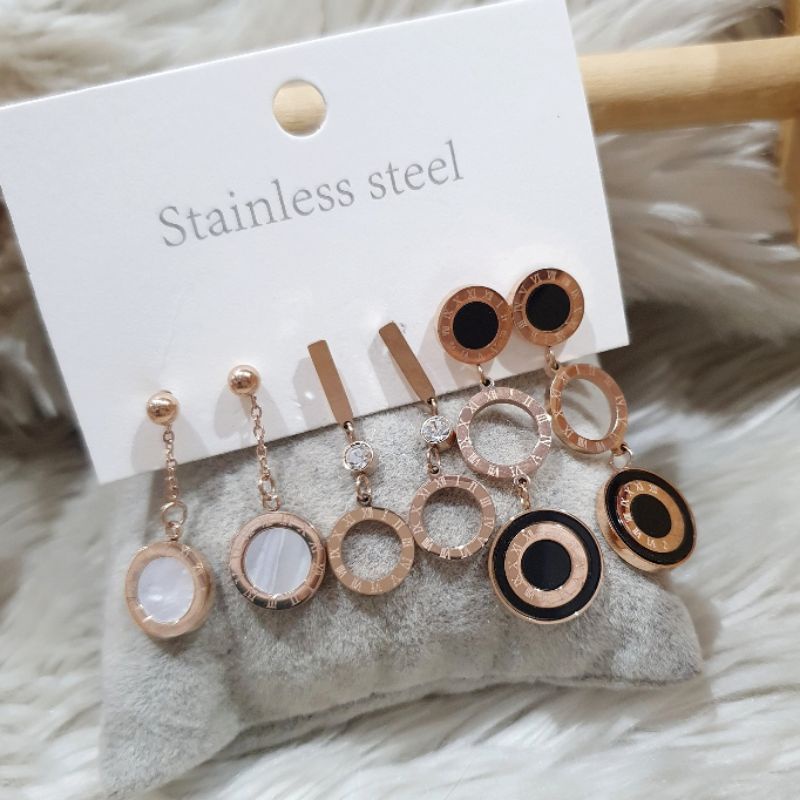 Anting Titanium Asli isi 3 set Rosegold Bvl Anting Set Stainless Steel Tidak karatan antt 02