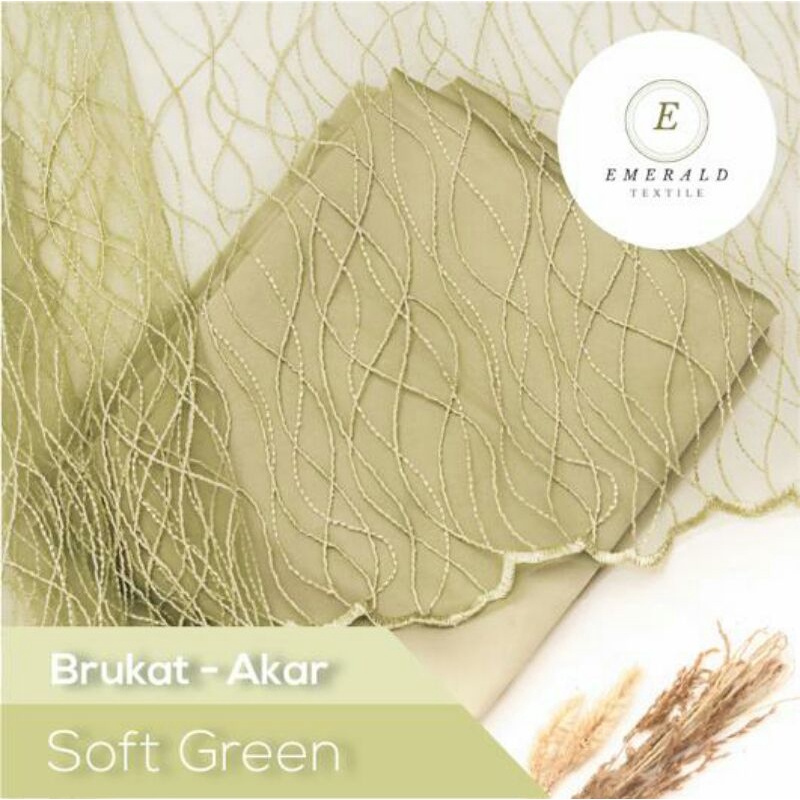 SETENGAH METER Kain Brokat Tile Prancis Bahan Kebaya Motif Akar - Soft Green/Avocado ( HARGA PER 50cm KAIN )