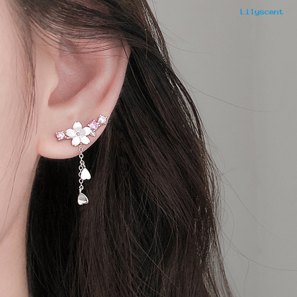 1 Pasang Anting Kait Juntai Berlian Imitasi Bentuk Hati Cherry Blossom Bahan Alloy Untuk Liburan