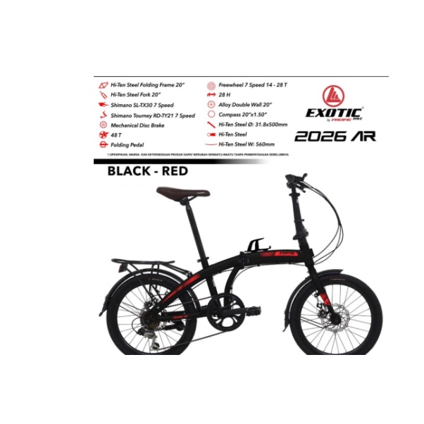 Sepeda Lipat Folding Bike Exotic By Pacific 2026 AR 20 Inch 7 Speed Garansi Termurah-Black Red