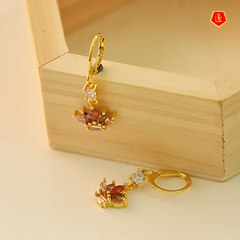 [Ready Stock]18K Gold Crowns Colored Gemstone Earrings Simple Personality