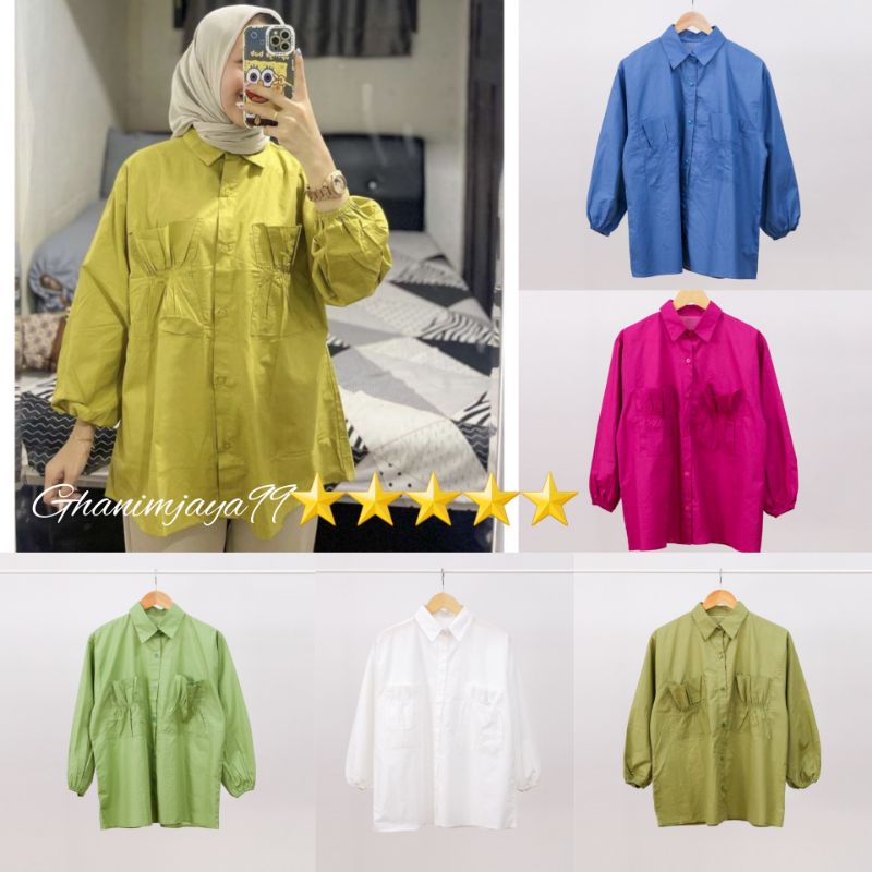 KEMEJA KATUN LINEN POCKET ATASAN BAJU WANITA BLOUSE KANTONG SERUT CANTIKA TOP LINEN.