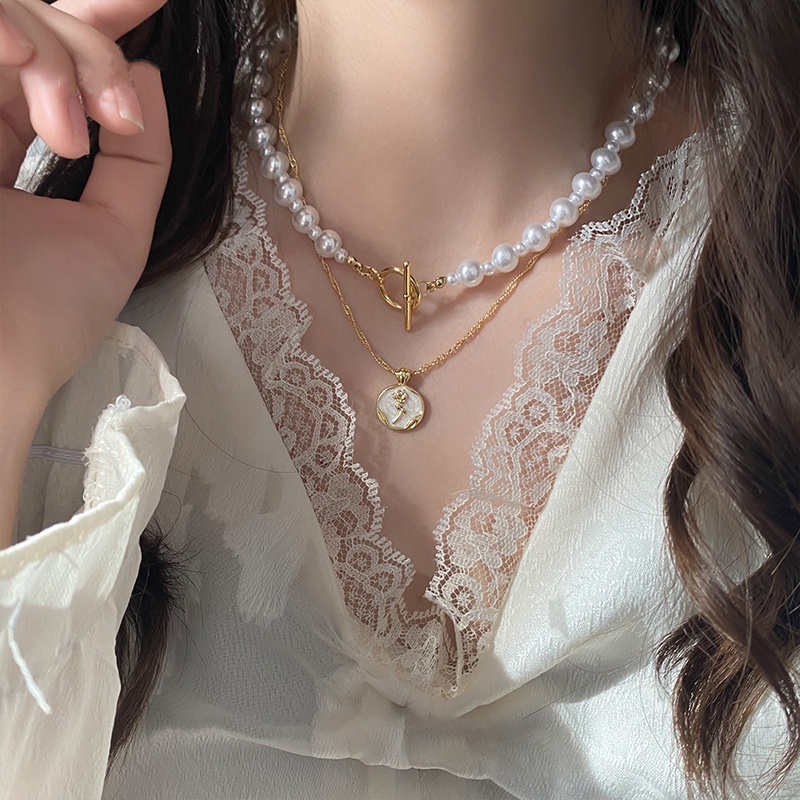 Kalung Rantai Liontin Mutiara Warna Rose Gold Untuk Wanita