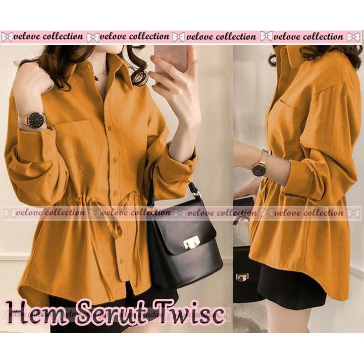 KALANTHA FASHION Hem Serut Twisc Fashion Wanita Atasan Wanita Kemeja Wanita Hem wanita-Mustard-