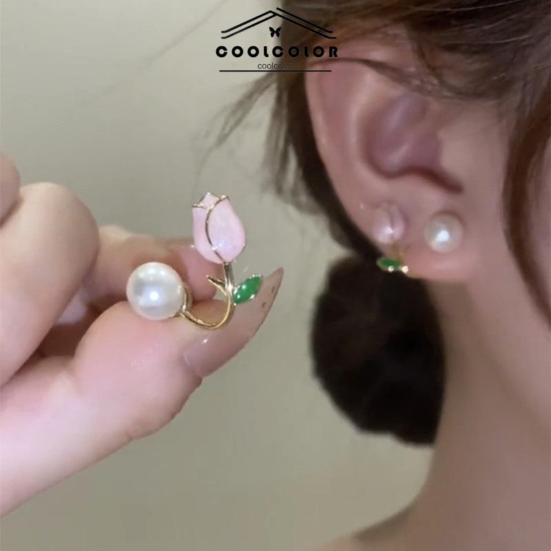 COD❤️Anting Hiasan Mutiara Imitasi Bunga Tulip Temperamen Modis Manis Aksesoris Fashion Wanita Perhiasan Fashion Simple Murah