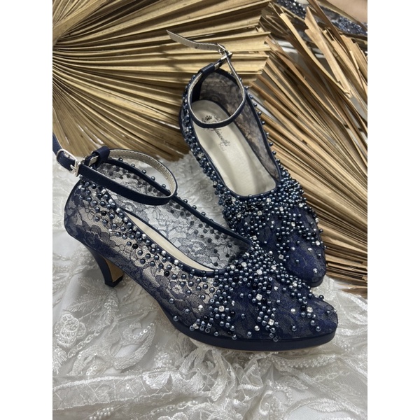 sepatu pengantin wanita Marsha navy tinggi 7cm lancip