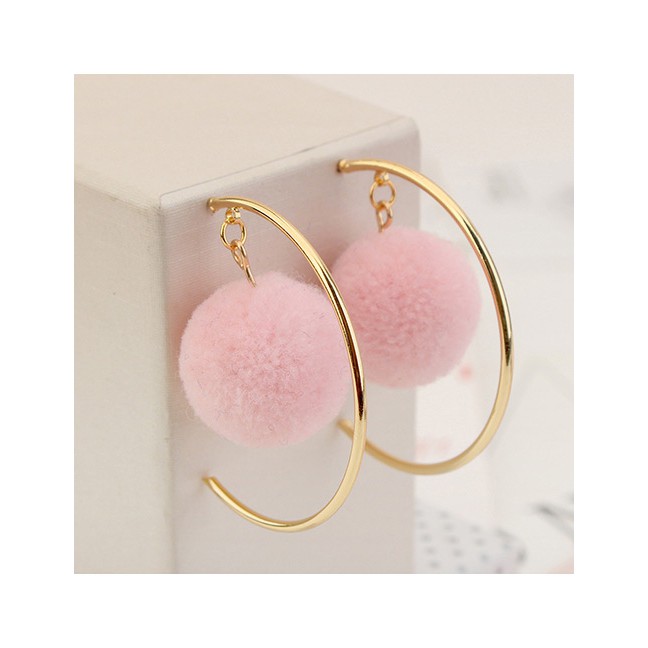 LRC Anting Tusuk Personalized  Circular Ring&amp;fuzzy Ball Decorated Pom Earrings