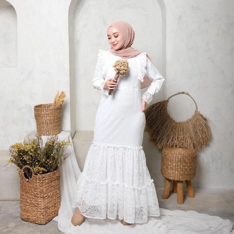 GAMIS BRUKAT DUYUNG TERBARU 2021 MIX TILE PUTIH PESTA SEMI MERMAID