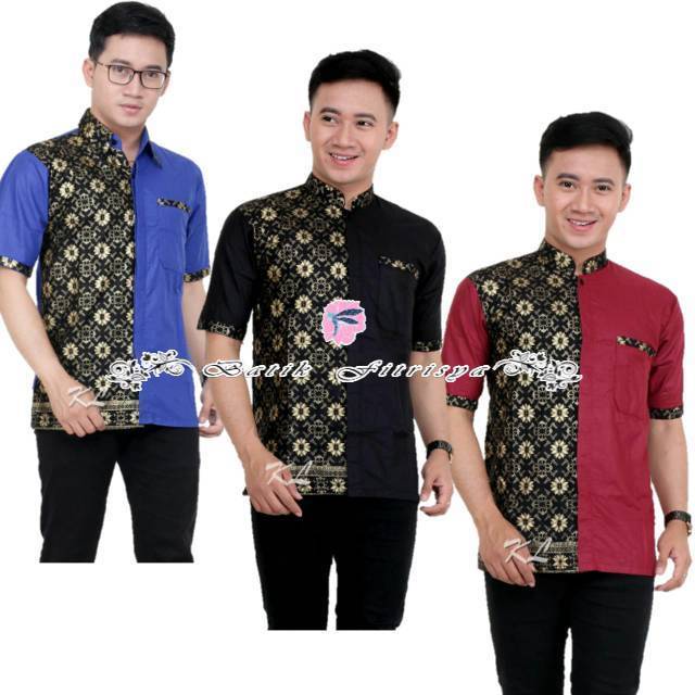 Hem Batik Pria - KOMBINASI PRADA MOTIF SEBELAH WARNA BIRU HITAM MERAH