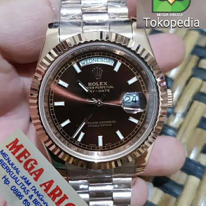 JAM TANGAN COWOK ROLEX DAY-DATE ROSEGOLD BROWN SUPER PREMIUM AAA