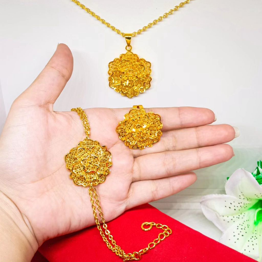 satu set gelang+kalung liontin+cincin kendari gold 24K hadiah bunga perhiasan dubai xuping