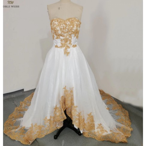 Gold Appliques Evening Dress Strapless High Low Prom Dresses Organza Prom Gown Custom Made