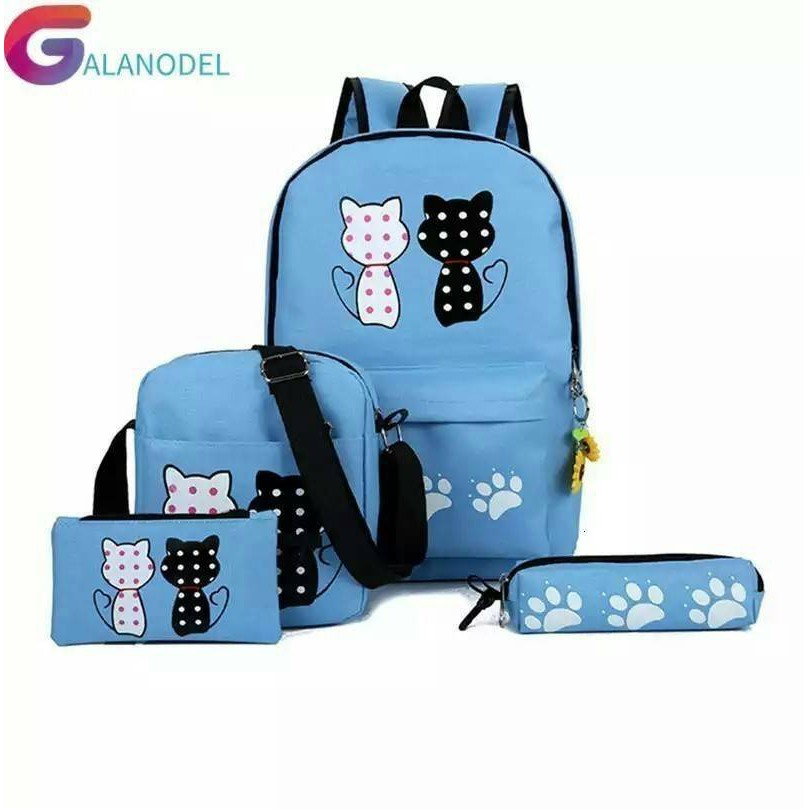 Tas Ransel Anak Sekolah Karakter Bag Backpack Lucu Motif Cartoon Polka Cute 4in1 Set