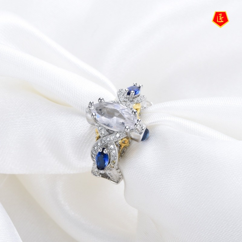 [Ready Stock]Fashion Personality Inlaid Blue Gem Two-Tone Ring 18K Gold