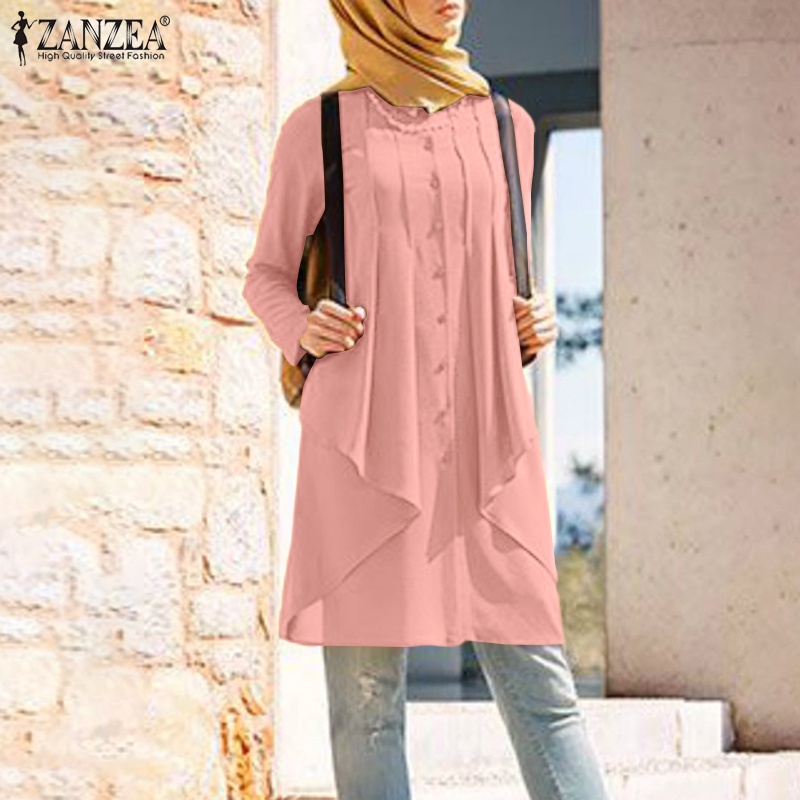 ZANZEA Women Fashion Casual O Neck Button Down Irregular Hem Long Muslim Blouse