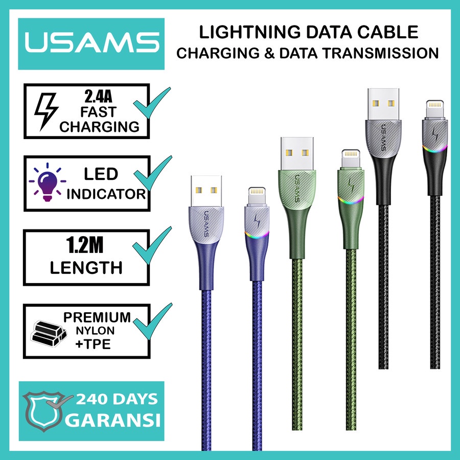 Kabel Data Lightning Iphone Usams U77 SJ541 LED Fast Charging 1.2M