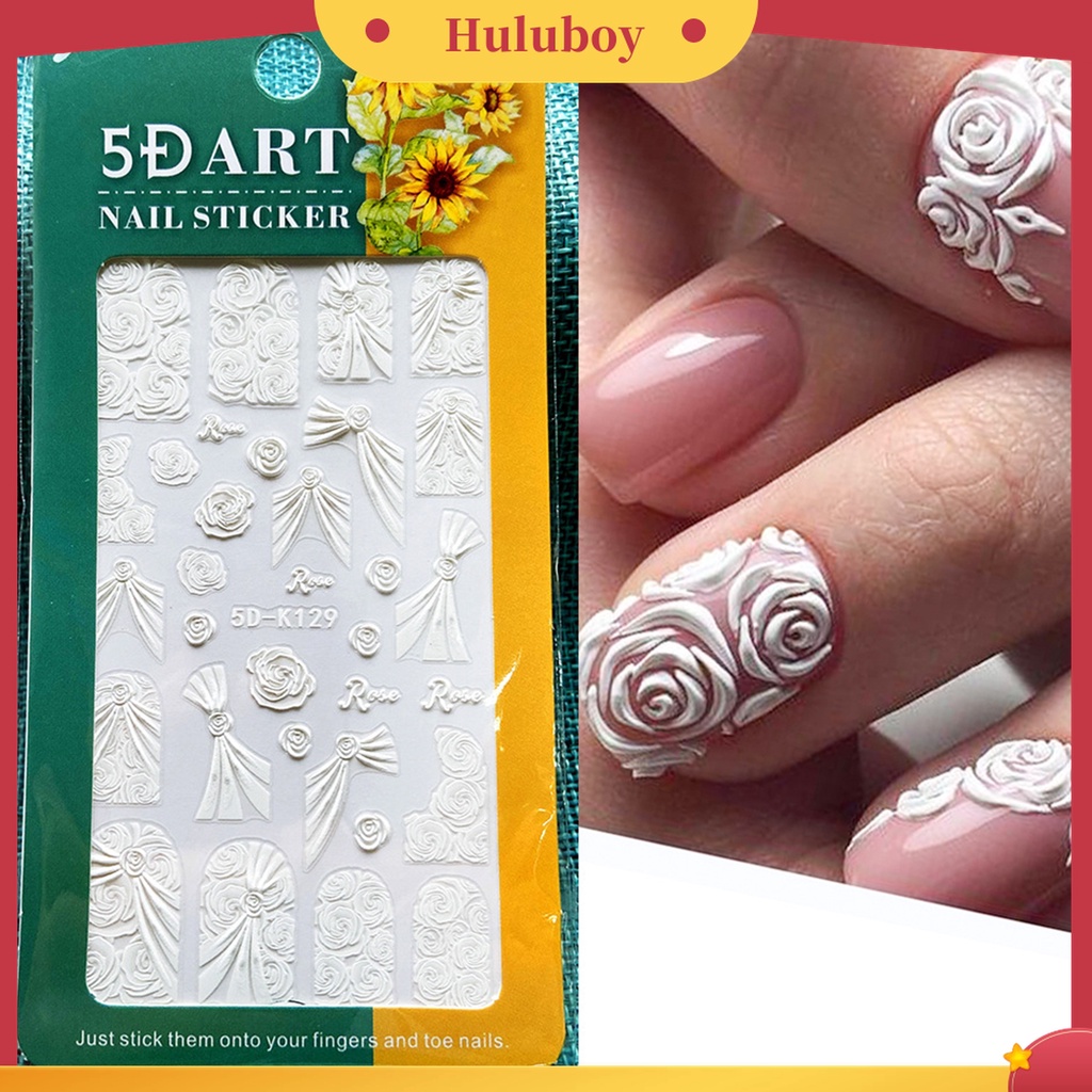 Huluboy Huluboy♡ Stiker Kuku Desain Bunga Timbul 5D Warna Putih Untuk Manicure
