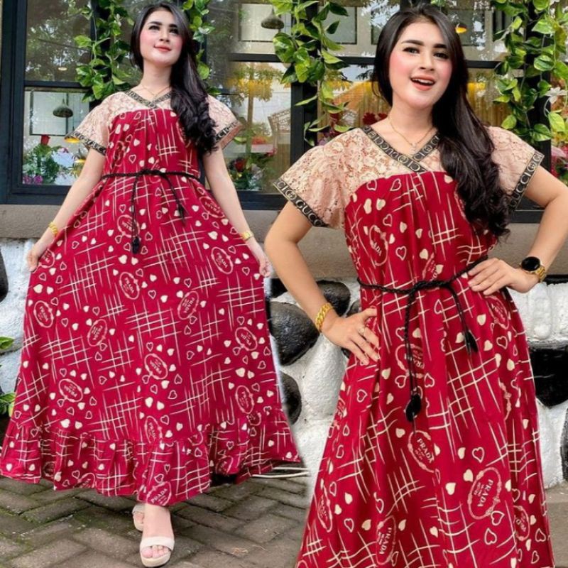 [Bisa Cod] Terbaru Daster Arab Terlaris || Dres Brokat Motif Love Free BELT / Pakaian Wanita Bhusui