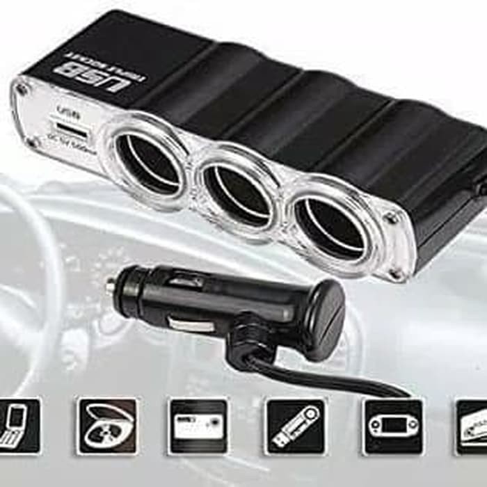 CAR TRIPLE SOCKET CIGARETTE LIGHTER - USB CHARGER SERVER MOBIL 3lubang