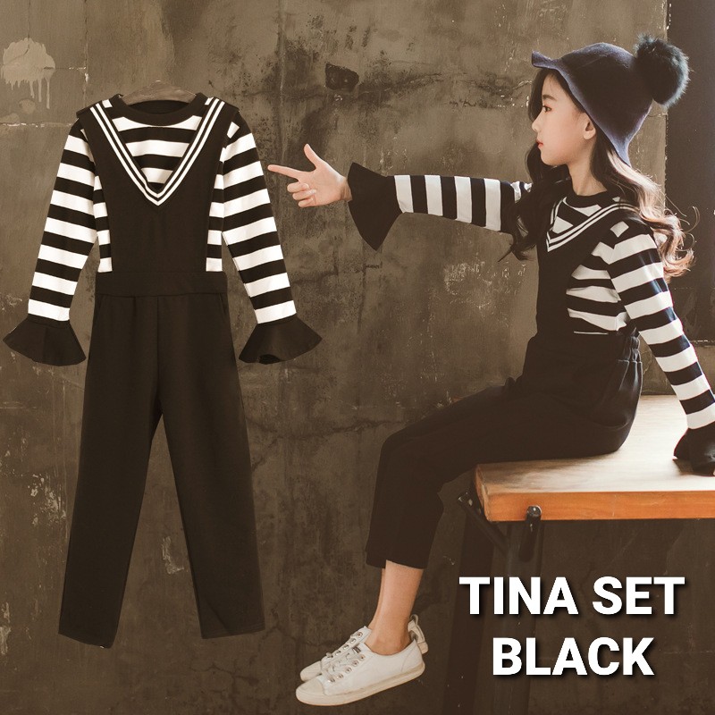 TINA SET BLACK / BAJU SETELAN ANAK KOREA IMPOR / OVERALL ANAK / SET CELANA PANJANG ANAK PEREMPUAN