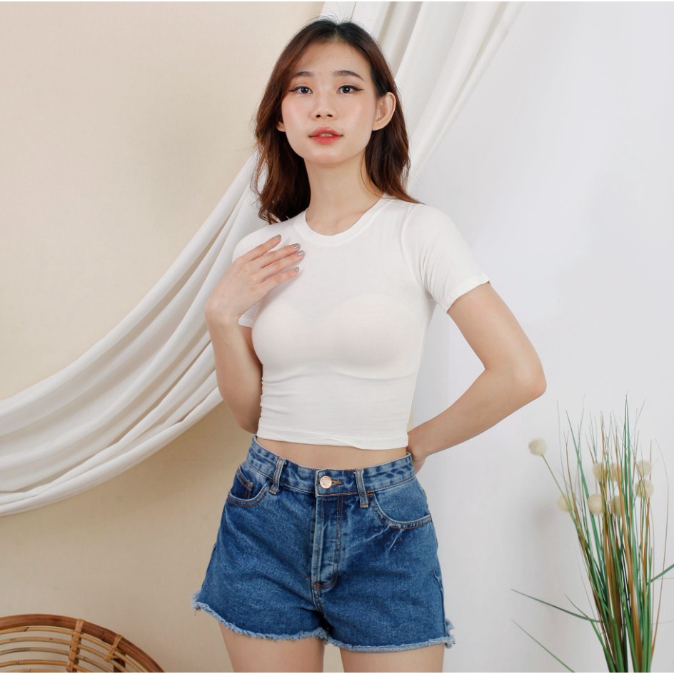 CAVALU Kaos Crop Top Basic Tee Kaos Atasan Wanita Korean Style Baju Korea 025