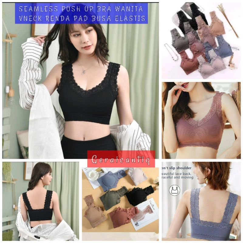 SEAMLESS PUSH UP BRA WANITA VNECK RENDA PAD BUSA ELASTIS GOOD QUALITY