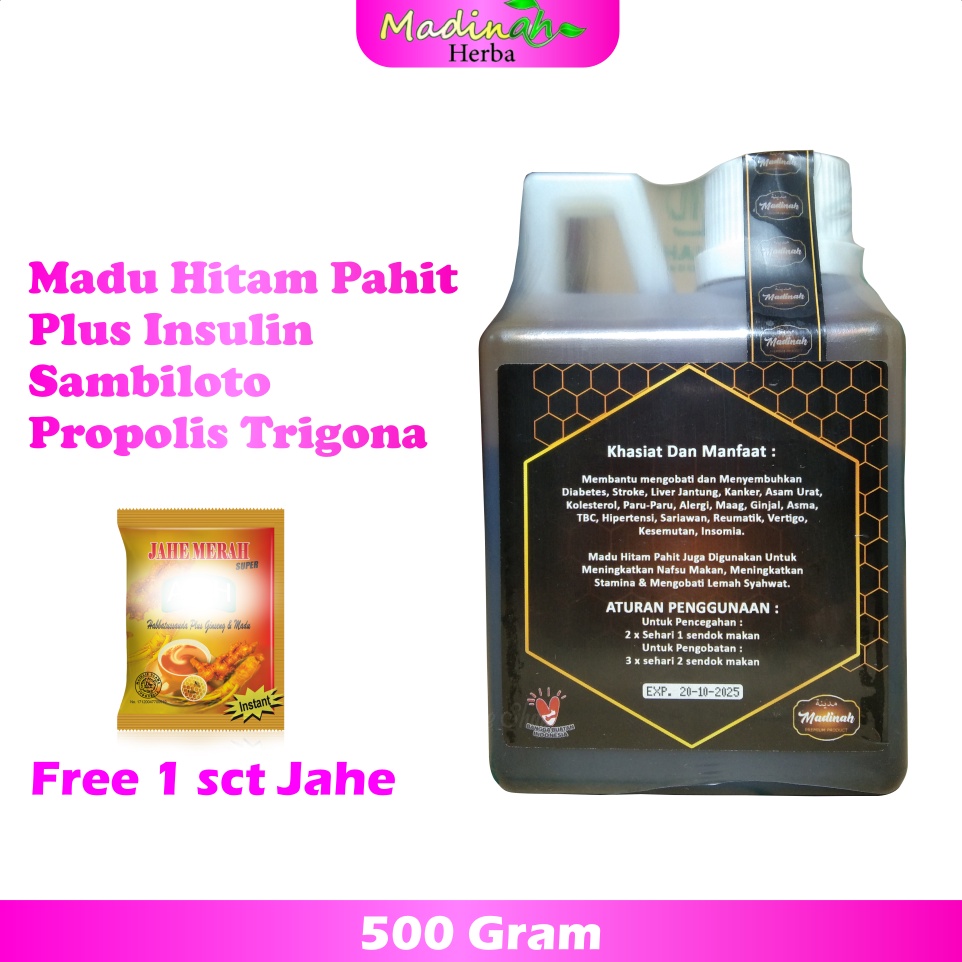 Ramuan Madu Hitam Pahit Propolis Madinah Plus Propolis Insulin Sambiloto 500 Gram Free 1 sct Jahe