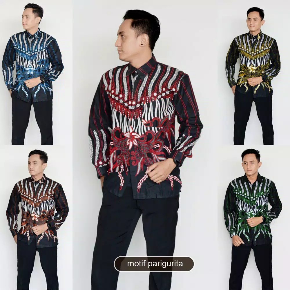 Trolistore Grosir Kemeja Batik Pria Lengan Panjang Motif Parigurita Merah Biru Hijau Coklat Kuning