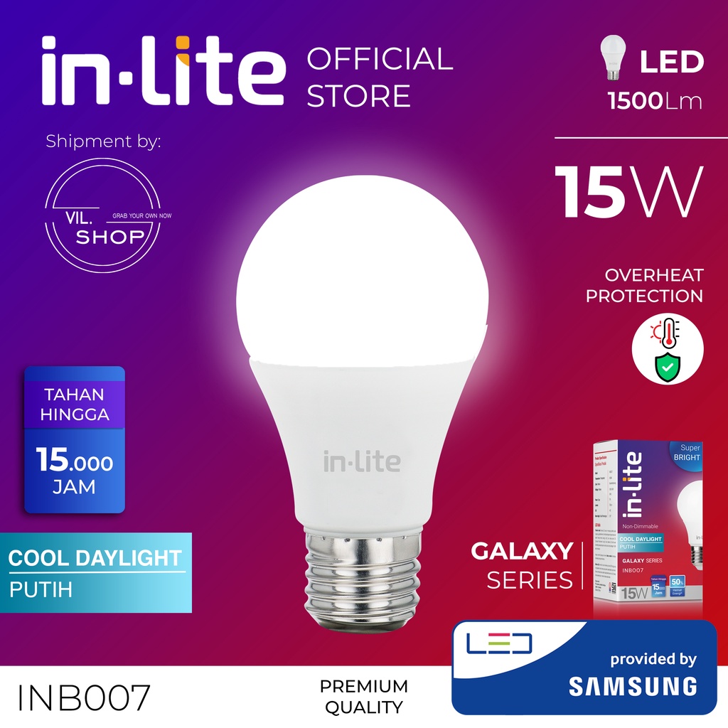 BOLA LAMPU LED INLITE 15 WATT GALAXY SERIES INB007 ORIGINAL COOL DAYLIGHT PUTIH 6500K 1500 LM / BOHL