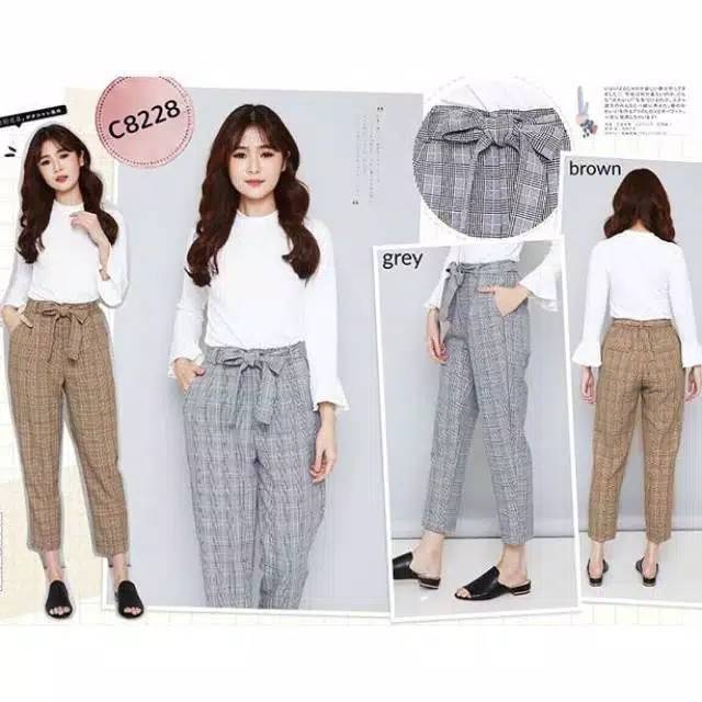 Celana linen.motif kotak.bahan katunlinen