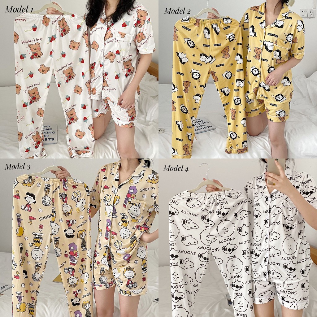 Baju tidur / piyama / sleepwear long pants wanita bahan import murah BTB032 3in1