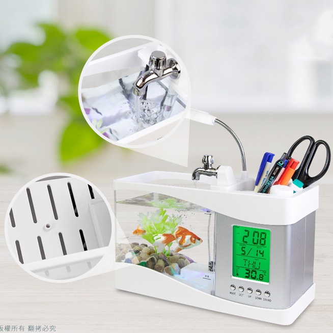 USB Aquarium Mini + Jam Kalender Digital + Box Alat Tulis