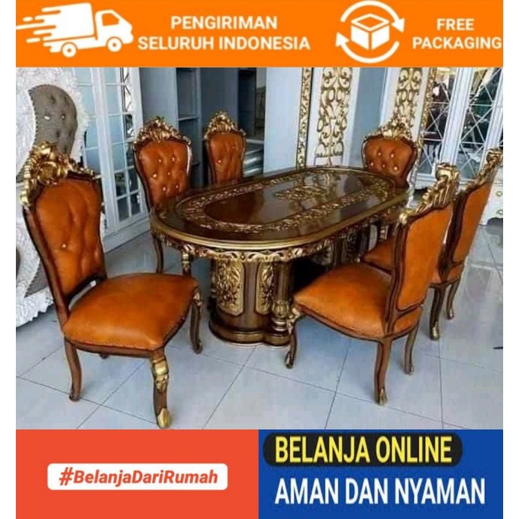 MEJA MAKAN JATI UKIRAN MEWAH SET 6 KURSI MODEL JOG WARNA KOMBINASI EMAS ASLI JEPARA