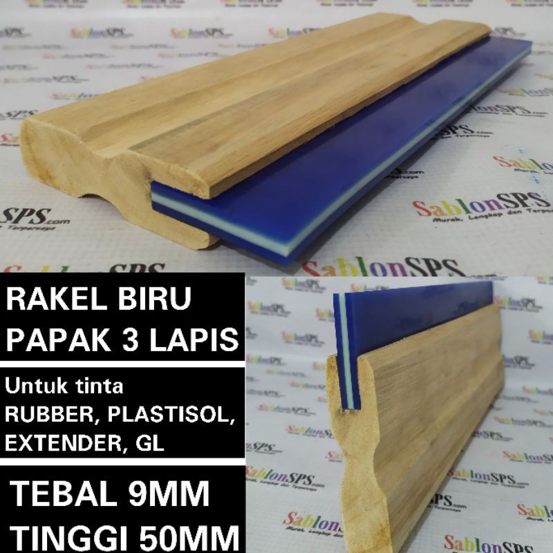 RAKEL SABLON BIRU 3 LAPIS KOTAK 9X50MM SET GAGANG KAYU P. 15CM