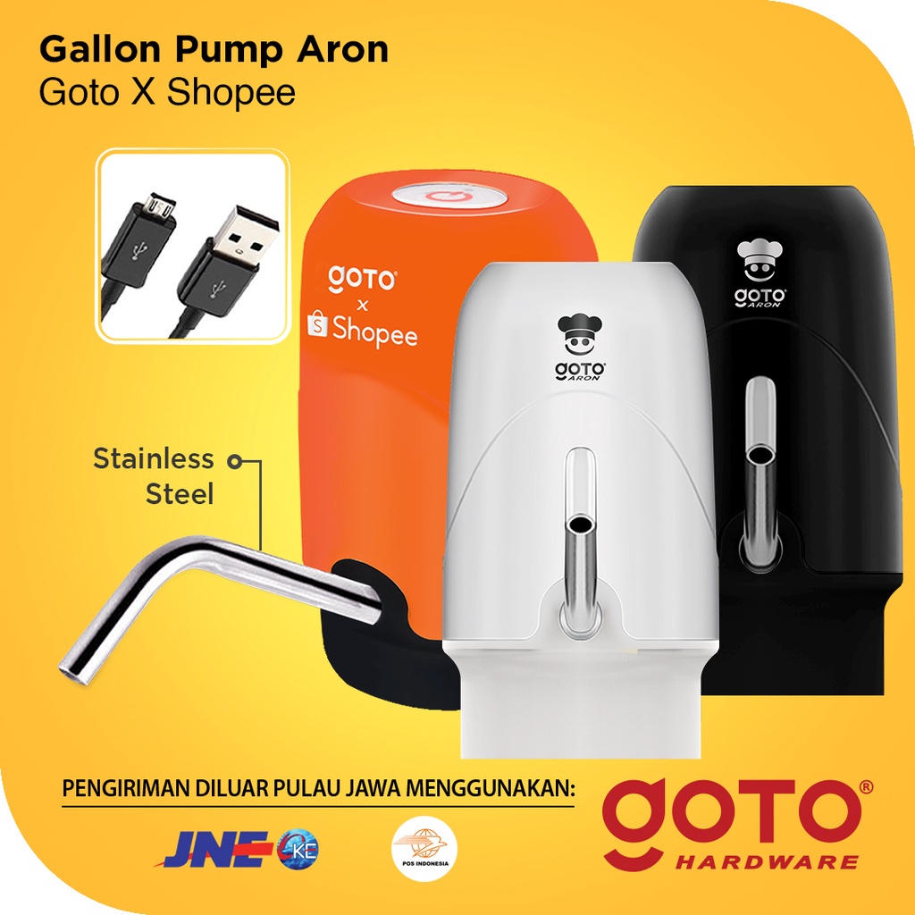 GOTO Aron X Shopee Pompa Galon Elektrik Pencetan Air Minum Otomatis Murah Dispenser Alat Pemompa Kompa Kran Pancuran Galon Bawah Baterai Cas Automatic Water Pump Electric USB Charger Portable Recharge Warna Orange Original Goto Hardware ok