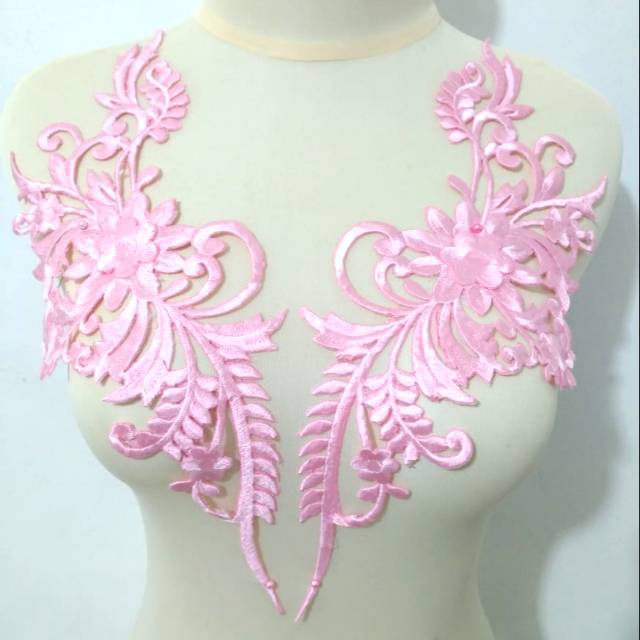 Renda Bordir Kerah Sepasang Motif Bunga Pink