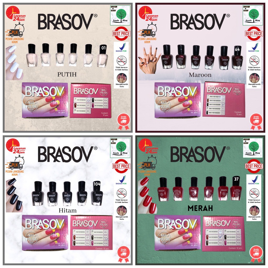 [1 BOX ISI 12 Pcs ] Brasov Kutek Nail Polish Warna Merah Putih Hitam Maroon 8 ML BPOM Halal Wanita