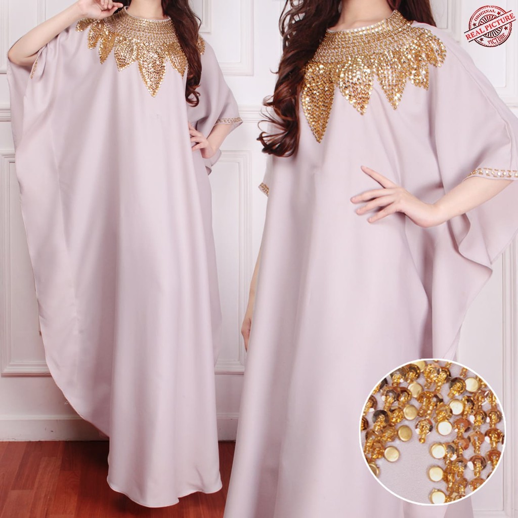 HOPYLOVY - Dress Wanita Model Kaftan Kombinasi Manik Matahari bahan Wollcrepe