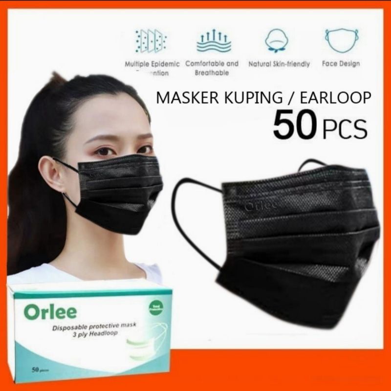 Masker Hitam Orlee 3 Ply Earloop Medis Disposable Mask