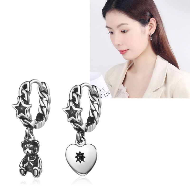 SIY  Bear Love Heart Long Tassel Asymmetric Hoop Drop Earring Vinatge Silver Star Earring Jewelry For Women Minimalis Jewerly