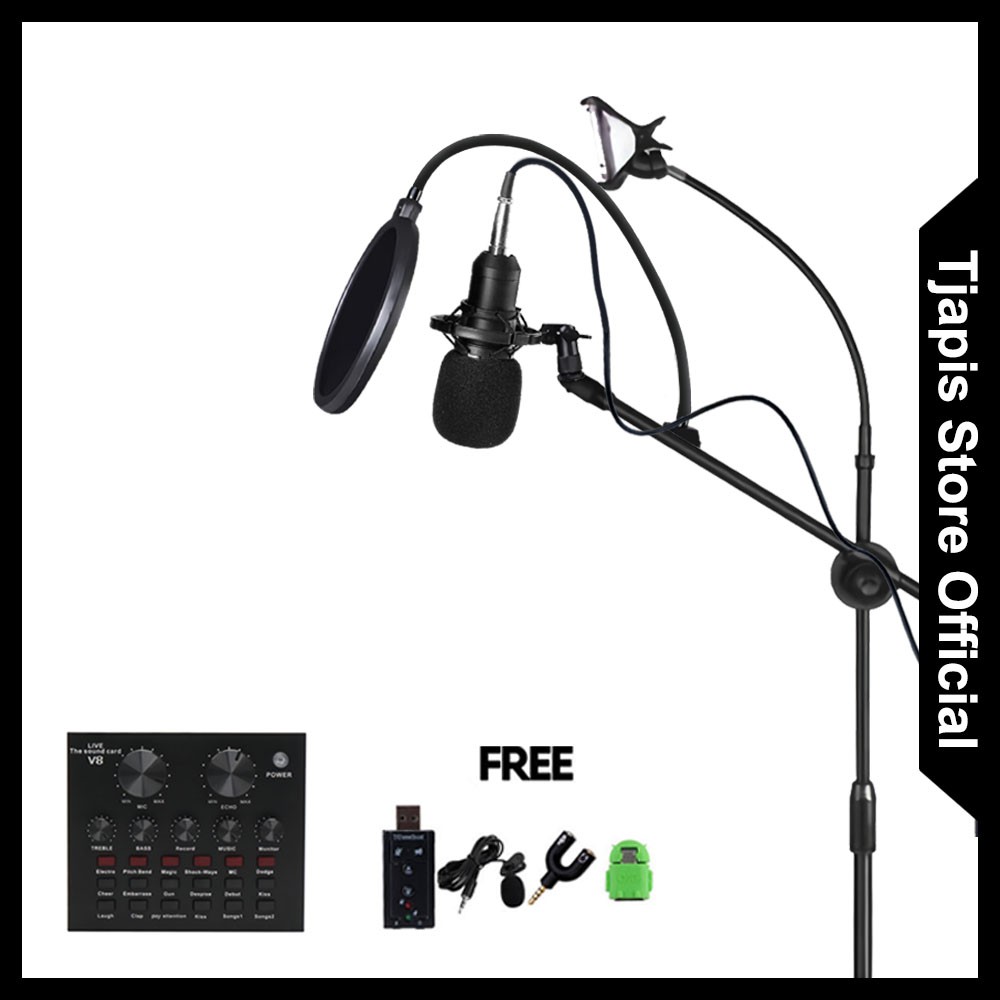 PAKET KOMPLIT MIC CONDENSER STAND BERDIRI BM 800 BM 8000 ORIGINAL TAFFSTUDIO + SOUNDCARD V8