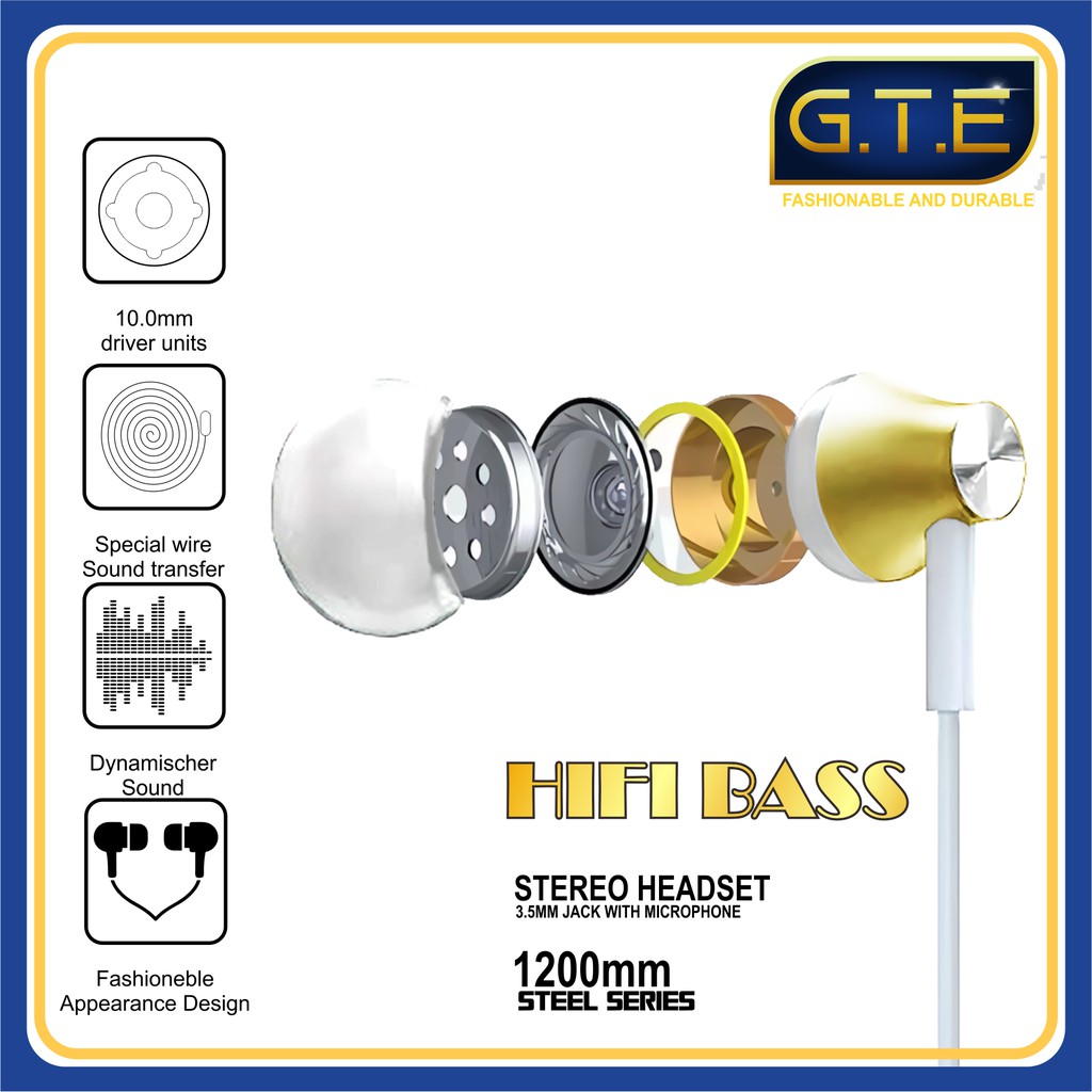 Earphone In-Ear Stereo Booster, Headset Stereo, Hifi Bass GTE dengan Mic + Kabel Jack 3.5mm