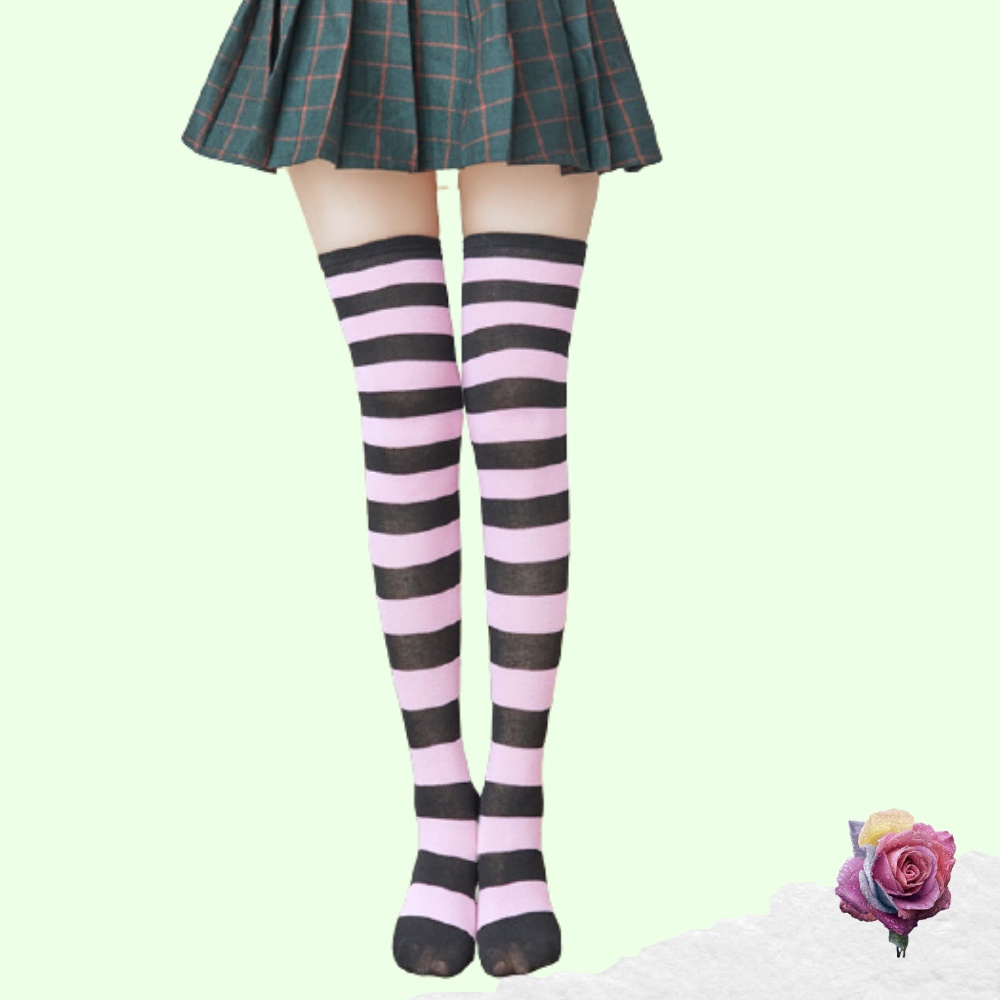 Kaos Kaki Wanita Over Knee Socks Kaos Kaki Sepaha Motif Belang-Belang Kaos Kaki Panjang-Pink X Black