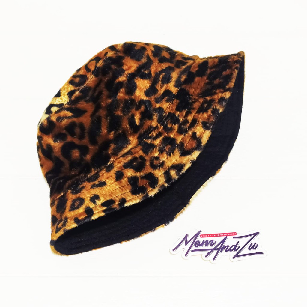 Topi Bucket Motif Bludru Leopard Coklat Tua Topi Mancing Pantai Bucket Hat