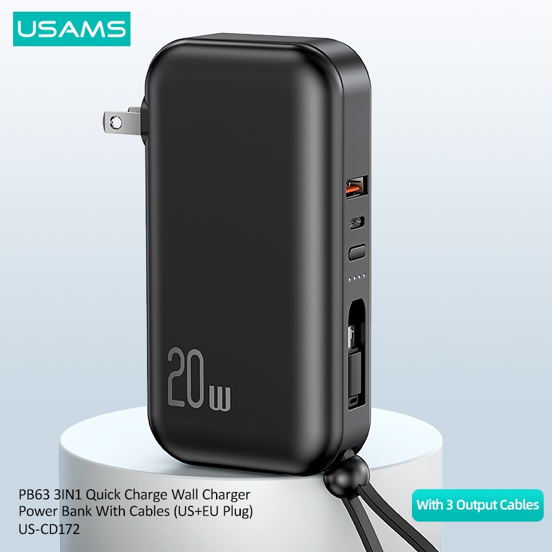 USAMS PB63 Powerbank 10000mAh Quick Charge 20W 3in1 Cable US+EU Plug