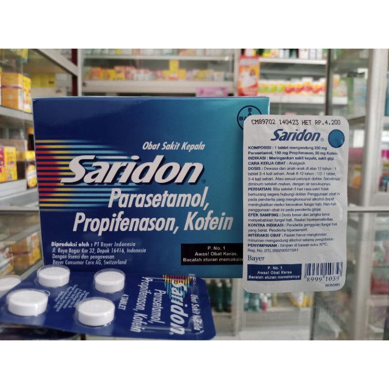 Saridon Tablet | Paracetamol,Propifenason,Kofein | 1 Strip @4 Tablet