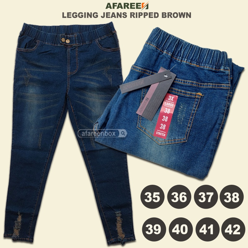 AFAREEN - Celana Jeans Wanita Ripped Whisker Legging Jeans Ripped Button Melar Pinggang Karet Jumbo 35-42